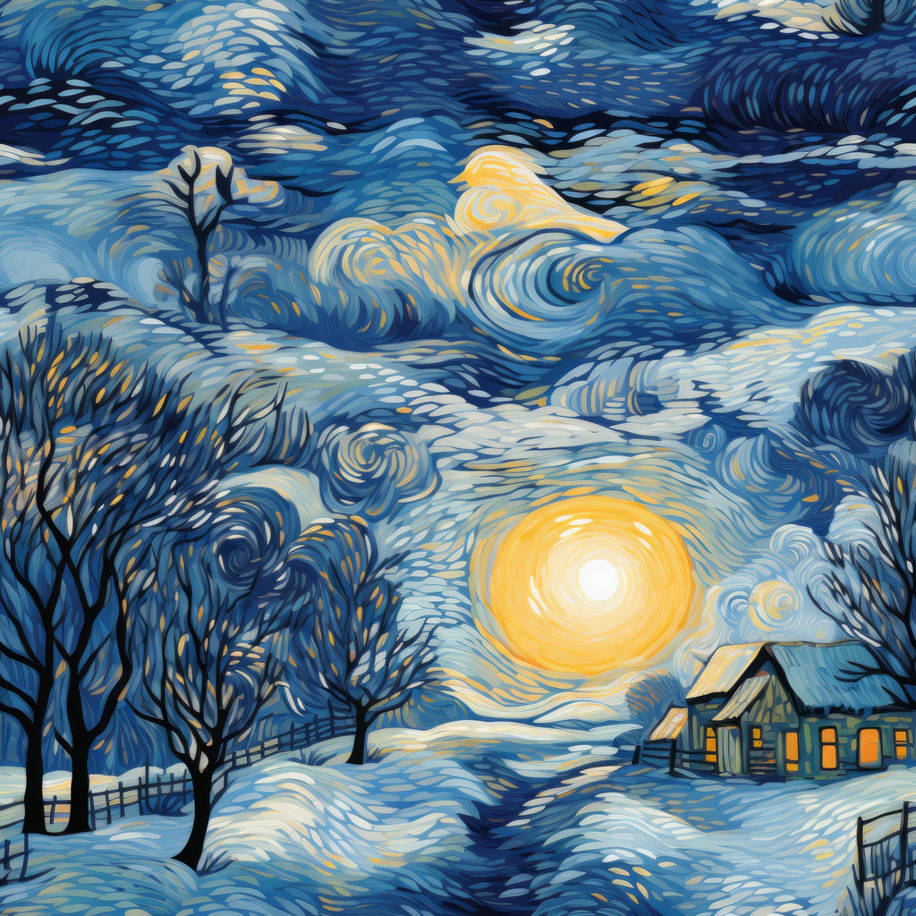 winter scene, swirling sky, van gogh style, post-impressionist,, fabric panel, deep blue, golden yellow, orange accents, bare trees, cozy cottage, glowing windows, snow covered, celestial moon, dynamic brushstrokes, whimsical art, dawn light, rural landscape, artistic interpretation
