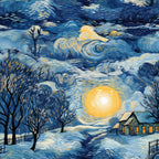 winter scene, swirling sky, van gogh style, post-impressionist,, fabric panel, deep blue, golden yellow, orange accents, bare trees, cozy cottage, glowing windows, snow covered, celestial moon, dynamic brushstrokes, whimsical art, dawn light, rural landscape, artistic interpretation
