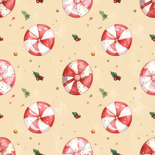 red and white peppermint, candy cane pattern, holiday themed, christmas fabric, festive design, cream background, coral red, mint green holly, beaded accents, whimsical style, winter wonderland, seasonal candy, retro christmas, vintage holiday, playroom decor, kids room fabric, nursery theme, sweet treats, peppermint candy, decorative spheres, gold metallic dots, traditional christmas, nostalgic design, cheerful pattern, candy motif, holiday celebration, winter themed, festive colors, children's fabric