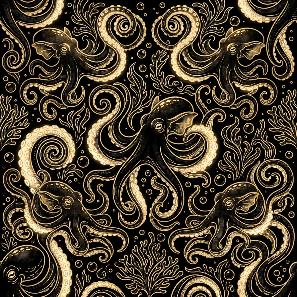 gold and black, black and gold, metallic gold, deep black, elegant, ornate, luxury, sophisticated, octopus, squid, sea creatures, marine, ocean, nautical, underwater, tentacles, baroque, art deco, vintage, ornamental, scrollwork, swirls, spirals, decorative, steampunk, gothic, celestial, whimsical, fantasy, detailed pattern