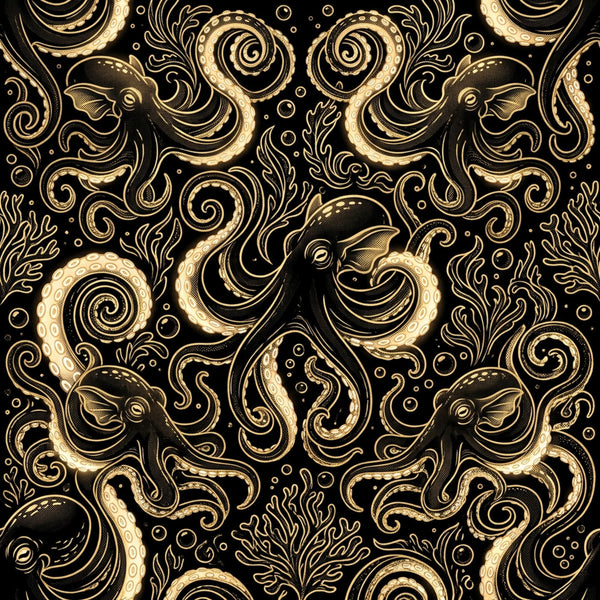 gold and black, black and gold, metallic gold, deep black, elegant, ornate, luxury, sophisticated, octopus, squid, sea creatures, marine, ocean, nautical, underwater, tentacles, baroque, art deco, vintage, ornamental, scrollwork, swirls, spirals, decorative, steampunk, gothic, celestial, whimsical, fantasy, detailed pattern