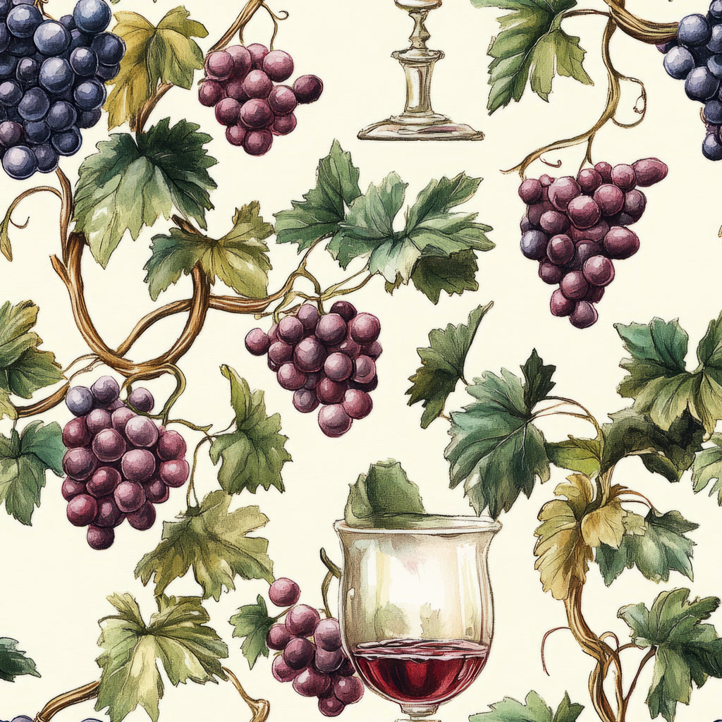 burgundy, purple grapes, green leaves, wine glasses, grapevines, botanical illustration, vineyard theme, cream background, watercolor style, wine motifs, fruit clusters, vintage style,, fabric panel, dusty rose, sage green, wine country, decorative pattern, natural elements, artistic rendering