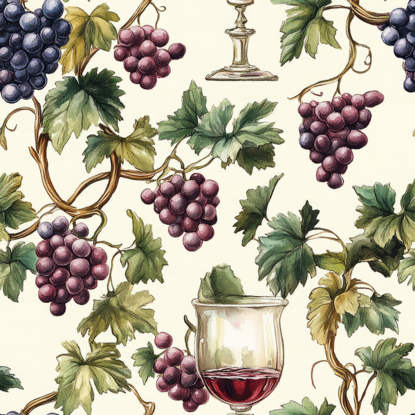 burgundy, purple grapes, green leaves, wine glasses, grapevines, botanical illustration, vineyard theme, cream background, watercolor style, wine motifs, fruit clusters, vintage style,, fabric panel, dusty rose, sage green, wine country, decorative pattern, natural elements, artistic rendering