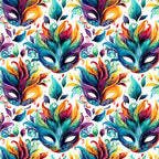 carnival masks, feathers, vibrant colors, purple, teal, orange, yellow, green, red, mardi gras, festive pattern, decorative swirls, ornate design,, fabric panel, masquerade theme, colorful plumage, party motif, celebration design, repeating pattern