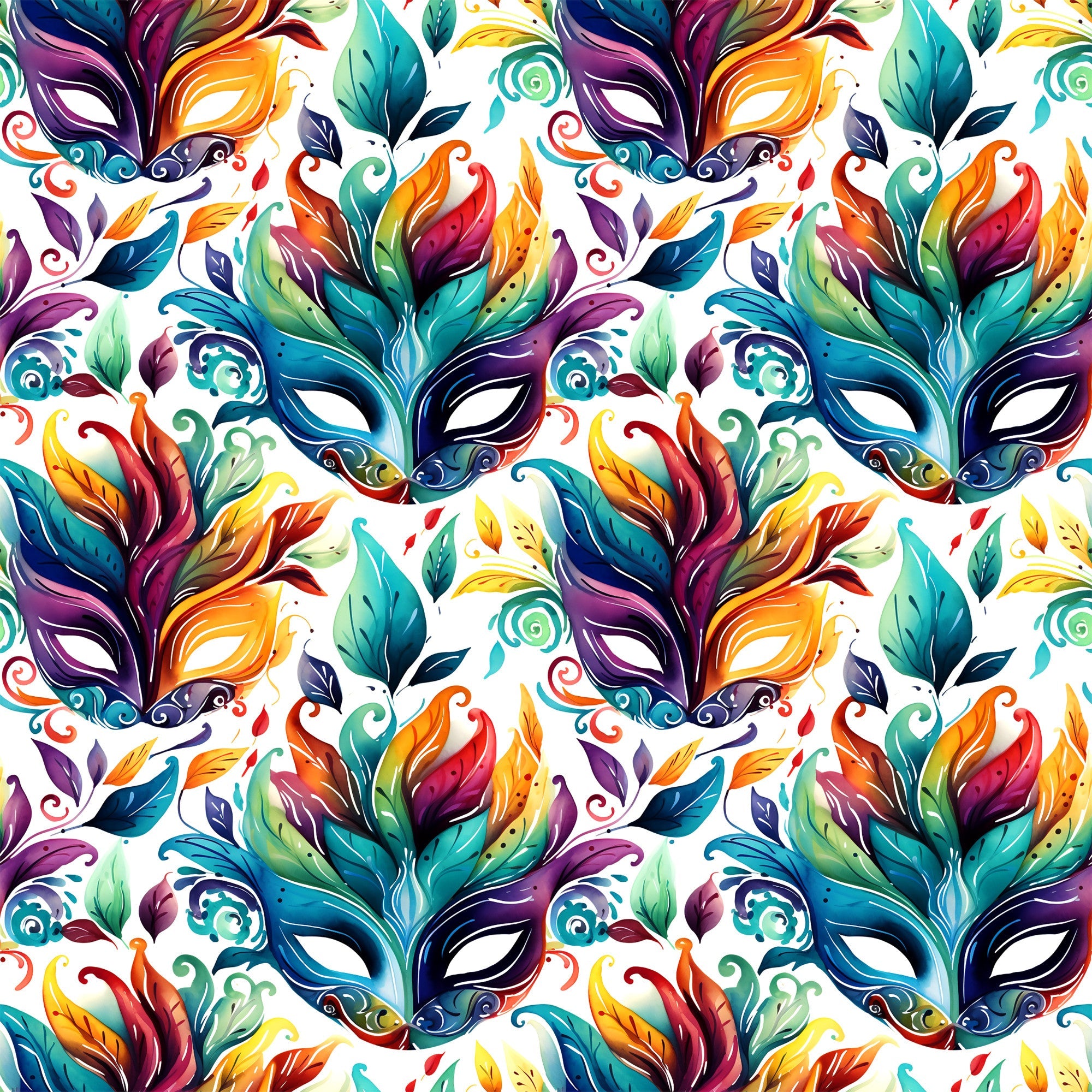 carnival masks, feathers, vibrant colors, purple, teal, orange, yellow, green, red, mardi gras, festive pattern, decorative swirls, ornate design,, fabric panel, masquerade theme, colorful plumage, party motif, celebration design, repeating pattern