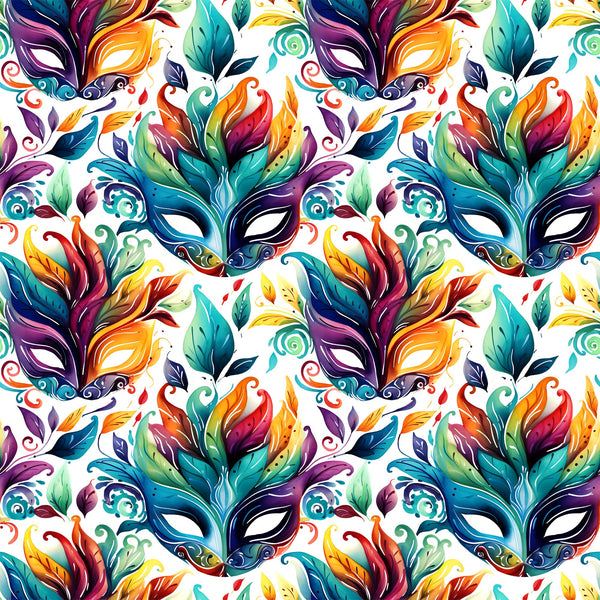 carnival masks, feathers, vibrant colors, purple, teal, orange, yellow, green, red, mardi gras, festive pattern, decorative swirls, ornate design,, fabric panel, masquerade theme, colorful plumage, party motif, celebration design, repeating pattern