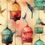 vintage birdcages, flying birds, hummingbirds, coral pink, turquoise blue, sage green, cream background, ornate cages, decorative birds, whimsical pattern,, fabric panel, hanging cages, bird silhouettes, pastel colors, artistic illustration, nature motif, decorative elements, vintage style, cottage core
