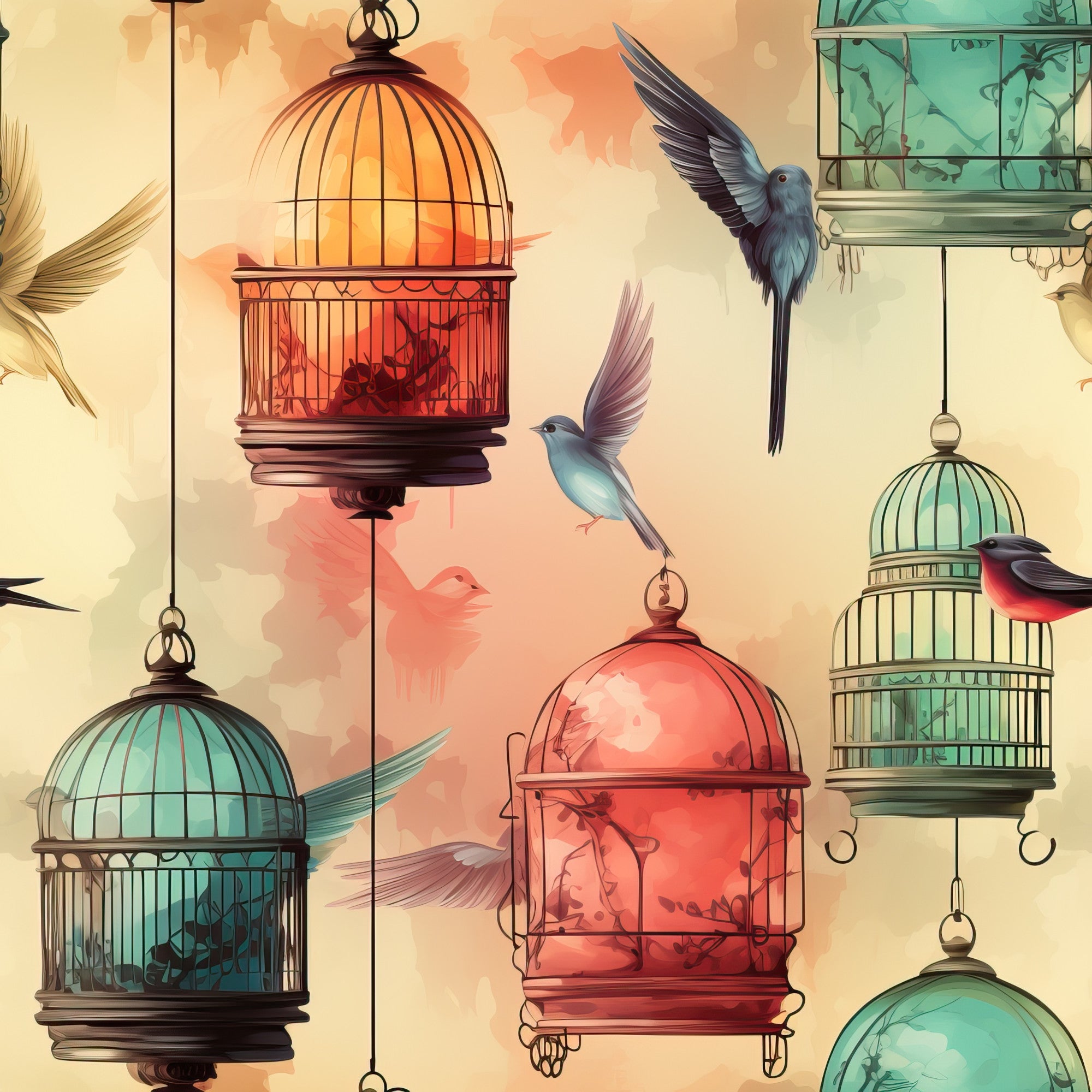 vintage birdcages, flying birds, hummingbirds, coral pink, turquoise blue, sage green, cream background, ornate cages, decorative birds, whimsical pattern,, fabric panel, hanging cages, bird silhouettes, pastel colors, artistic illustration, nature motif, decorative elements, vintage style, cottage core