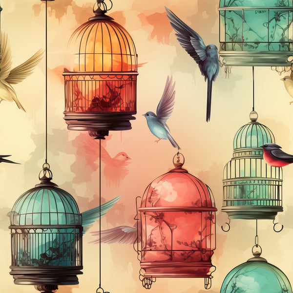 vintage birdcages, flying birds, hummingbirds, coral pink, turquoise blue, sage green, cream background, ornate cages, decorative birds, whimsical pattern,, fabric panel, hanging cages, bird silhouettes, pastel colors, artistic illustration, nature motif, decorative elements, vintage style, cottage core