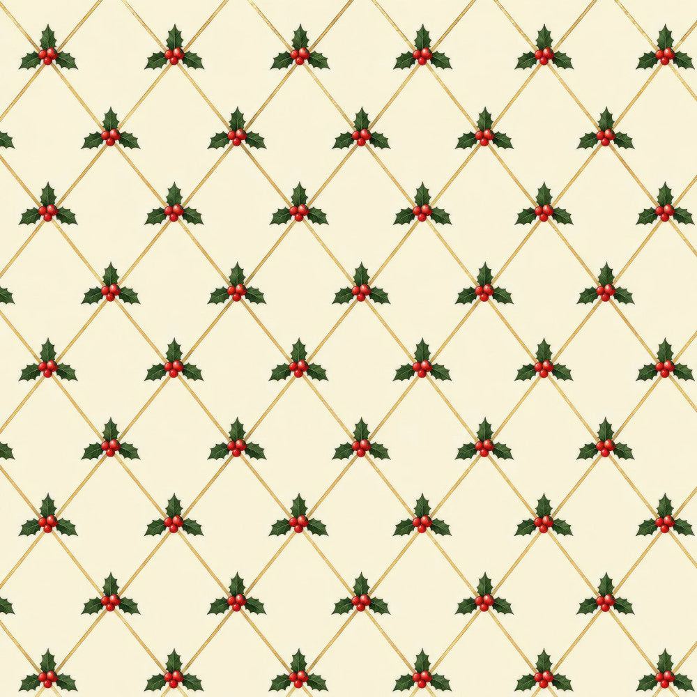 cream, gold, forest green, red berries, holly, christmas, holiday, geometric, diamond pattern, lattice, traditional, elegant, festive, seasonal, decorative, nature-inspired, botanical, winter, classic, formal, timeless, quilted look, repeating pattern, geometric motif, berry clusters, leaf details, red accents, green foliage