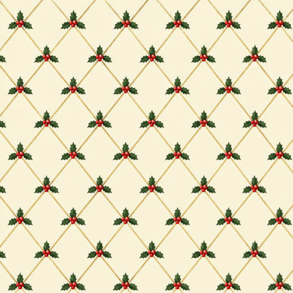 cream, gold, forest green, red berries, holly, christmas, holiday, geometric, diamond pattern, lattice, traditional, elegant, festive, seasonal, decorative, nature-inspired, botanical, winter, classic, formal, timeless, quilted look, repeating pattern, geometric motif, berry clusters, leaf details, red accents, green foliage