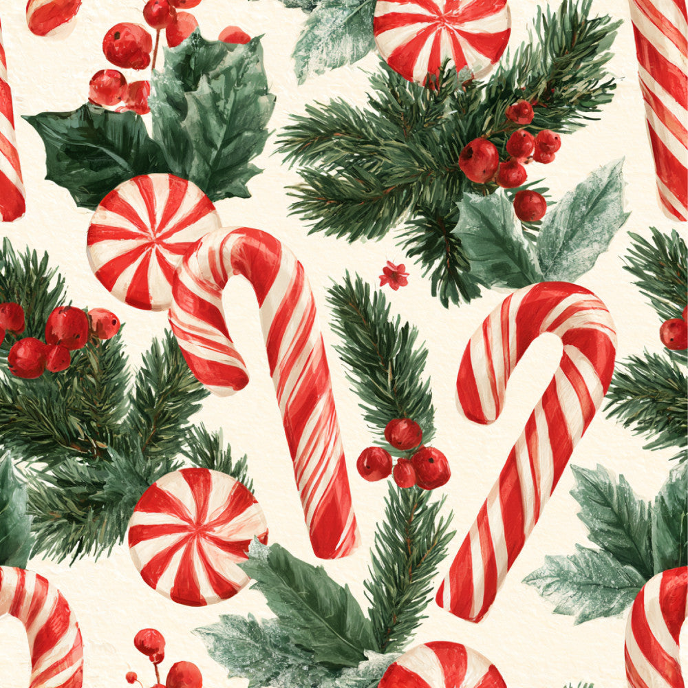 red and white striped, candy cane, peppermint, holly leaves, red berries, evergreen branches, pinecone, festive, christmas, holiday, winter, traditional, vintage, whimsical, red, white, forest green, dark green, candy themed, retro, nostalgic, nursery, playroom, kids room, children's, seasonal decor, peppermint candy, festive decor