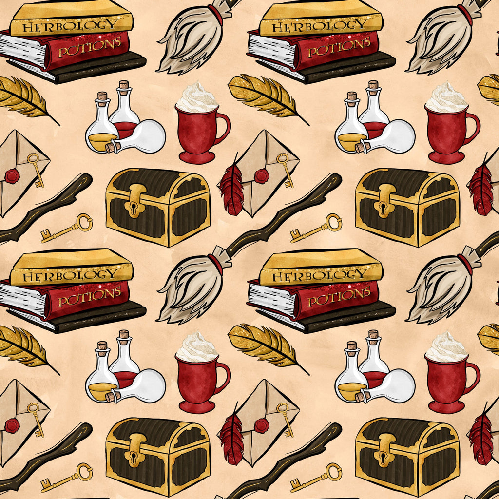 beige background, wizard theme, magic school, herbology books, potions bottles, treasure chest, broomstick, quill feathers, red mug, golden keys, wax seal letter,, fabric panel, whimsical illustrations, fantasy elements, amber tones, crimson red, vintage style, repeating pattern, magical objects