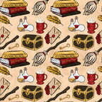 beige background, wizard theme, magic school, herbology books, potions bottles, treasure chest, broomstick, quill feathers, red mug, golden keys, wax seal letter,, fabric panel, whimsical illustrations, fantasy elements, amber tones, crimson red, vintage style, repeating pattern, magical objects