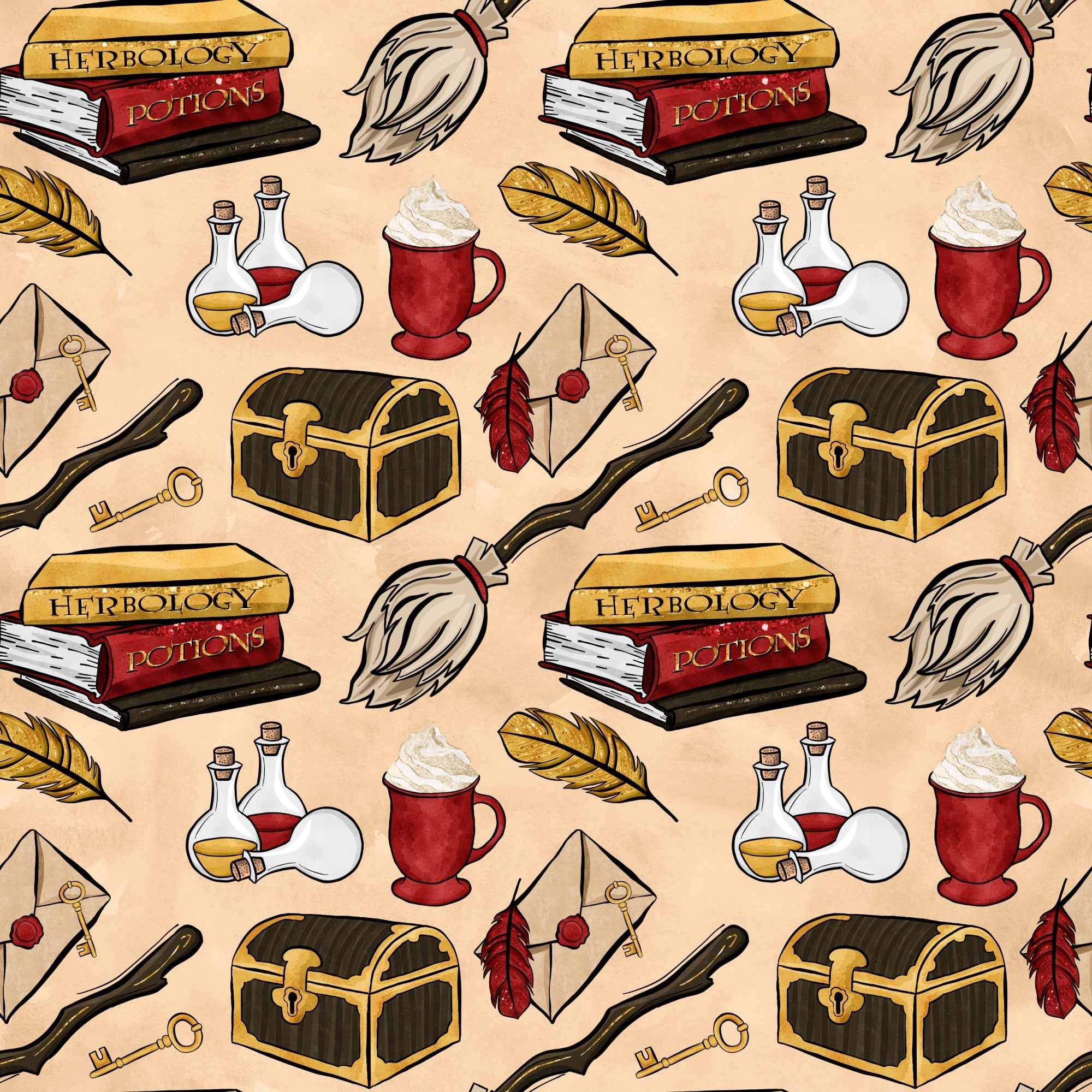 beige background, wizard theme, magic school, herbology books, potions bottles, treasure chest, broomstick, quill feathers, red mug, golden keys, wax seal letter,, fabric panel, whimsical illustrations, fantasy elements, amber tones, crimson red, vintage style, repeating pattern, magical objects