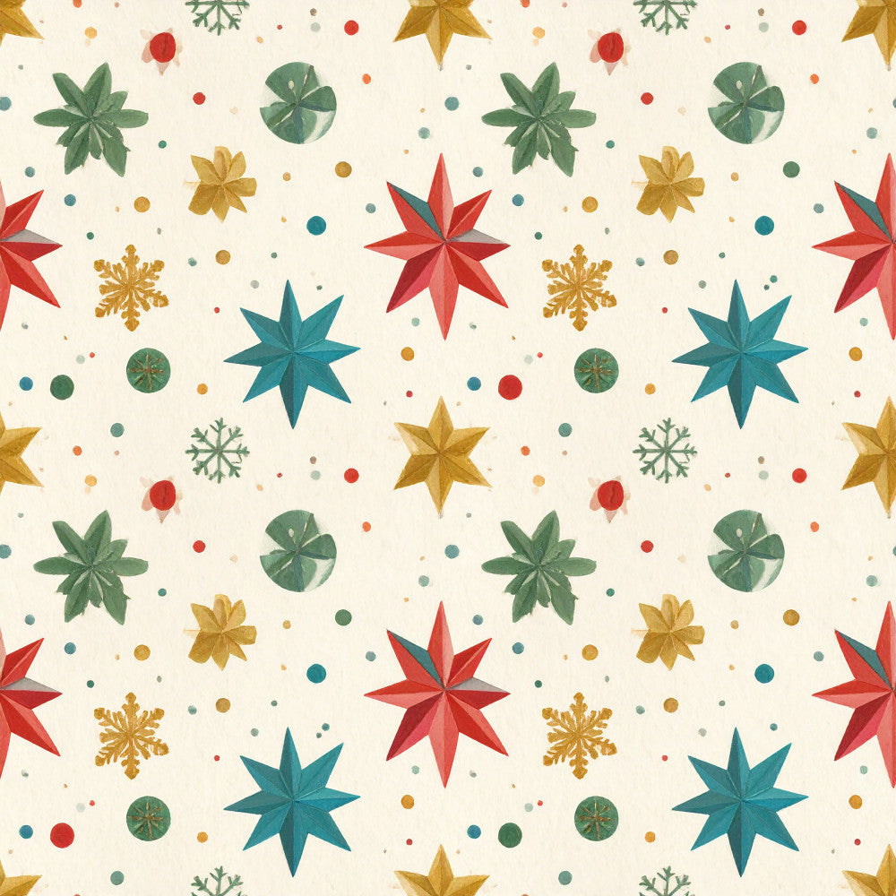 christmas, holiday, festive, red stars, gold stars, teal stars, snowflakes, ornaments, winter, seasonal, cream background, gold accents, teal blue, forest green, bright red, metallic gold, geometric stars, traditional christmas, vintage holiday, whimsical, festive design, multi-color, kids, playroom, nursery, gift fabric, celebration, decorative stars, winter wonderland