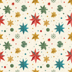 christmas, holiday, festive, red stars, gold stars, teal stars, snowflakes, ornaments, winter, seasonal, cream background, gold accents, teal blue, forest green, bright red, metallic gold, geometric stars, traditional christmas, vintage holiday, whimsical, festive design, multi-color, kids, playroom, nursery, gift fabric, celebration, decorative stars, winter wonderland