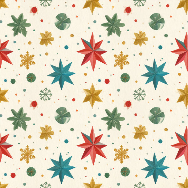 christmas, holiday, festive, red stars, gold stars, teal stars, snowflakes, ornaments, winter, seasonal, cream background, gold accents, teal blue, forest green, bright red, metallic gold, geometric stars, traditional christmas, vintage holiday, whimsical, festive design, multi-color, kids, playroom, nursery, gift fabric, celebration, decorative stars, winter wonderland