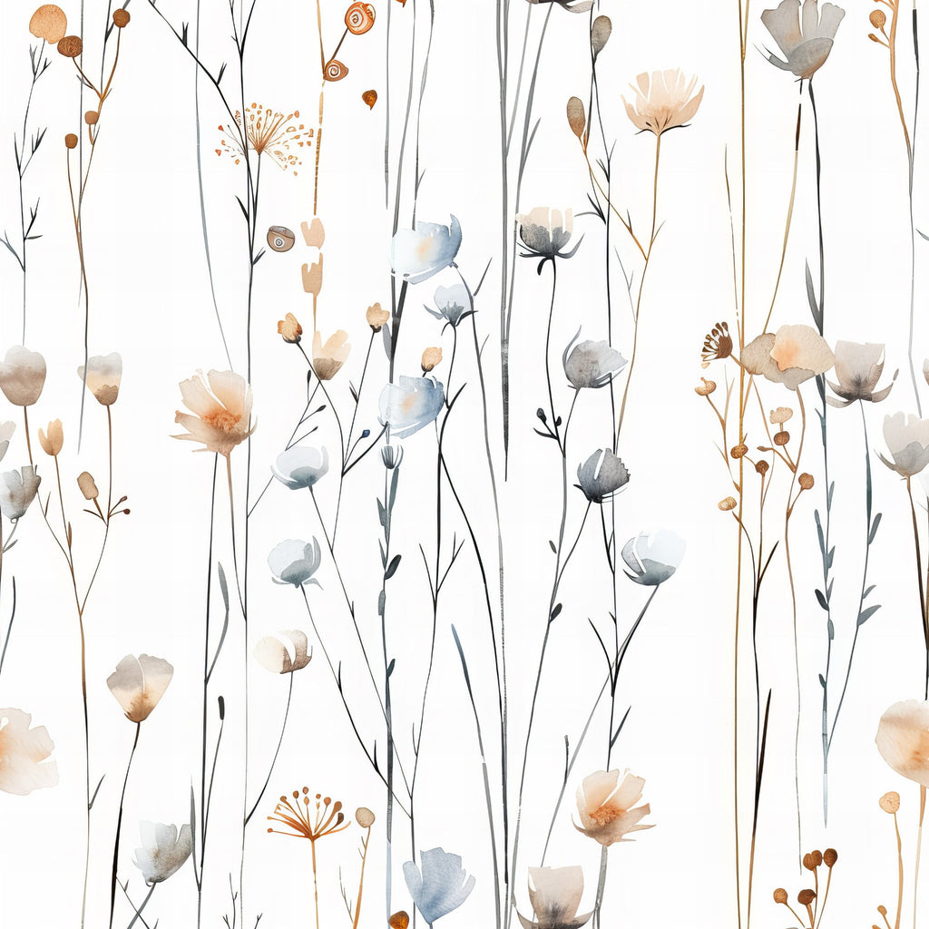 handdrawn wildflowers, meadow pattern, watercolor style, botanical illustration, peach flowers, blue blooms, gray stems, neutral tones, delicate florals, nature motif,, fabric panel, whimsical design, soft pastels, organic shapes, field flowers, artistic brushstrokes, modern floral, crafting material, spring garden