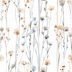 handdrawn wildflowers, meadow pattern, watercolor style, botanical illustration, peach flowers, blue blooms, gray stems, neutral tones, delicate florals, nature motif,, fabric panel, whimsical design, soft pastels, organic shapes, field flowers, artistic brushstrokes, modern floral, crafting material, spring garden