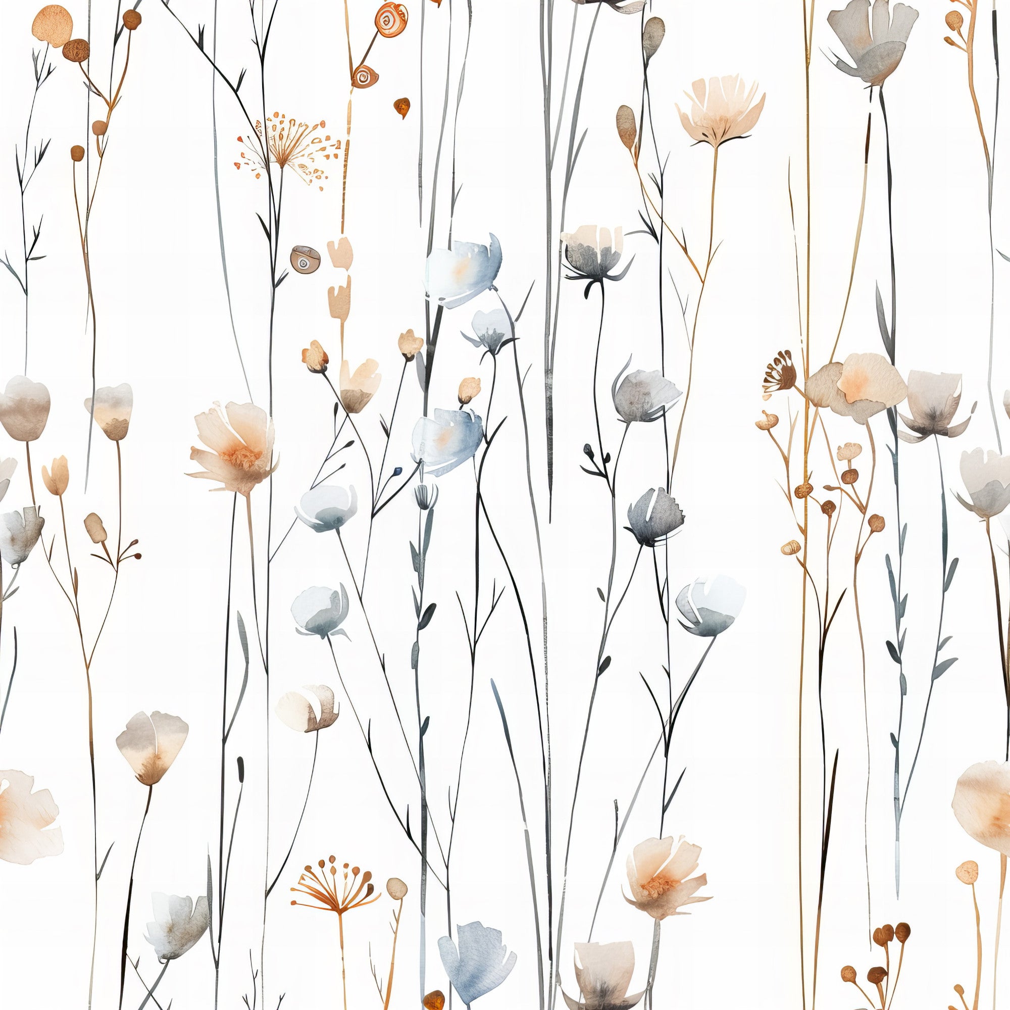 handdrawn wildflowers, meadow pattern, watercolor style, botanical illustration, peach flowers, blue blooms, gray stems, neutral tones, delicate florals, nature motif,, fabric panel, whimsical design, soft pastels, organic shapes, field flowers, artistic brushstrokes, modern floral, crafting material, spring garden