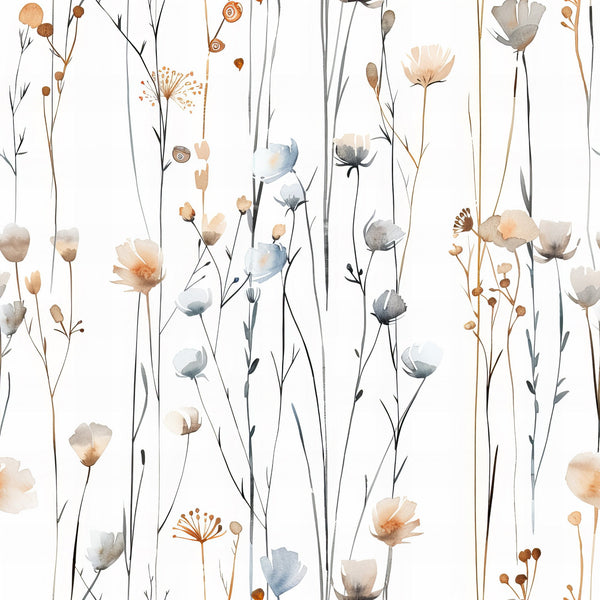 handdrawn wildflowers, meadow pattern, watercolor style, botanical illustration, peach flowers, blue blooms, gray stems, neutral tones, delicate florals, nature motif,, fabric panel, whimsical design, soft pastels, organic shapes, field flowers, artistic brushstrokes, modern floral, crafting material, spring garden