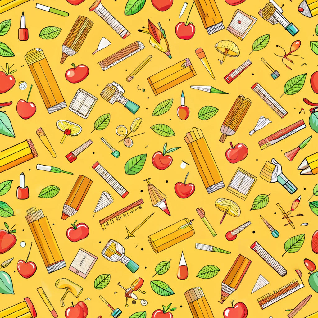 bright yellow, school supplies, pencils, apples, rulers, paintbrushes, notebooks, leaves, scattered pattern, back to school, educational theme,, fabric panel, cheerful design, stationery items, autumn vibes, red apples, green leaves, art supplies, repeating motifs