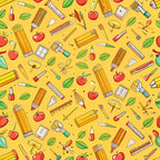 bright yellow, school supplies, pencils, apples, rulers, paintbrushes, notebooks, leaves, scattered pattern, back to school, educational theme,, fabric panel, cheerful design, stationery items, autumn vibes, red apples, green leaves, art supplies, repeating motifs