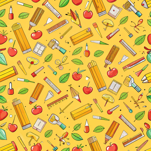 bright yellow, school supplies, pencils, apples, rulers, paintbrushes, notebooks, leaves, scattered pattern, back to school, educational theme,, fabric panel, cheerful design, stationery items, autumn vibes, red apples, green leaves, art supplies, repeating motifs