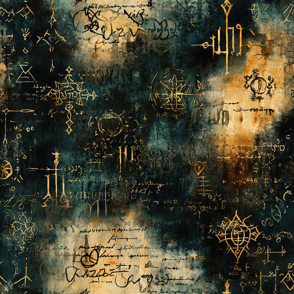 teal, forest green, gold, antique gold, cream, vintage, mystical, celestial, magical, witchy, occult, alchemy, esoteric, steampunk, gothic, dark academia, ornate symbols, geometric patterns, abstract, constellation, stars, arcane, mysterious, elegant, bohemian, alternative, fantasy, grimoire, spell book, ritual