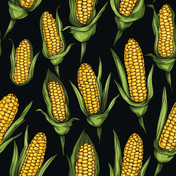 corn pattern, golden yellow, bright green, husks, kernels, vegetable design, harvest theme, farm motif, repeating pattern,, fabric panel, autumn colors, agricultural design, food illustration, botanical print, seasonal fabric, craft material, sewing fabric, garden vegetables, country style