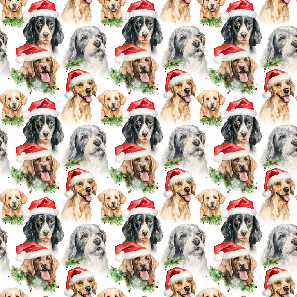 watercolor, christmas dogs, dog breeds, red santa hats, golden retrievers, black dogs, gray dogs, brown dogs, white background, holiday pattern, festive dogs, pine garland, holly berries, repeating pattern,, fabric panel, christmas theme, pet portraits, seasonal design, dog faces
