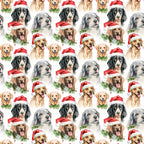watercolor, christmas dogs, dog breeds, red santa hats, golden retrievers, black dogs, gray dogs, brown dogs, white background, holiday pattern, festive dogs, pine garland, holly berries, repeating pattern,, fabric panel, christmas theme, pet portraits, seasonal design, dog faces