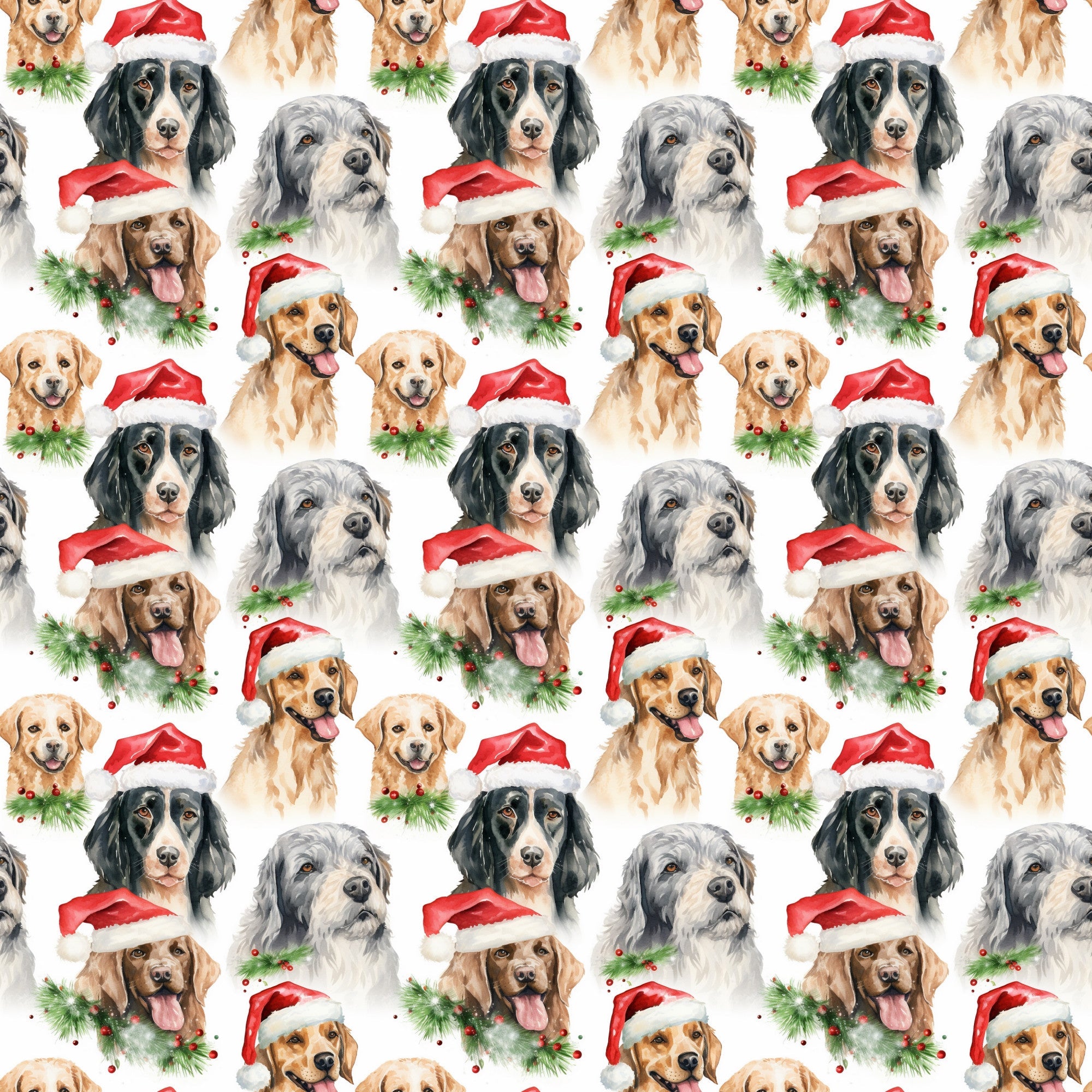 watercolor, christmas dogs, dog breeds, red santa hats, golden retrievers, black dogs, gray dogs, brown dogs, white background, holiday pattern, festive dogs, pine garland, holly berries, repeating pattern,, fabric panel, christmas theme, pet portraits, seasonal design, dog faces