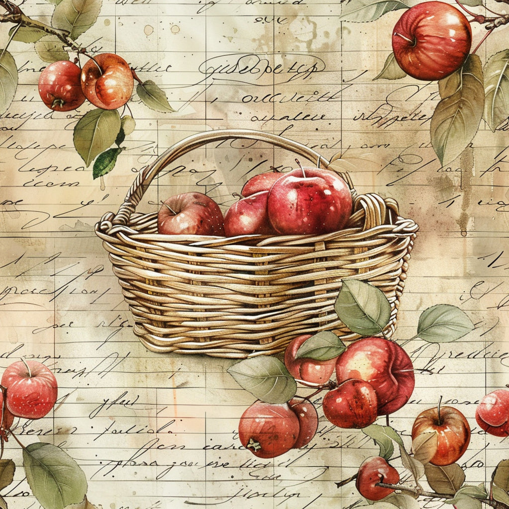 red apples, wicker basket, vintage handwriting, script text, watercolor style, rustic browns, sage green leaves, fruit harvest, autumn theme,, fabric panel, botanical illustration, farmhouse style, nostalgic artwork, aged paper background, country living, orchard scene, warm earth tones, natural elements
