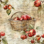 red apples, wicker basket, vintage handwriting, script text, watercolor style, rustic browns, sage green leaves, fruit harvest, autumn theme,, fabric panel, botanical illustration, farmhouse style, nostalgic artwork, aged paper background, country living, orchard scene, warm earth tones, natural elements
