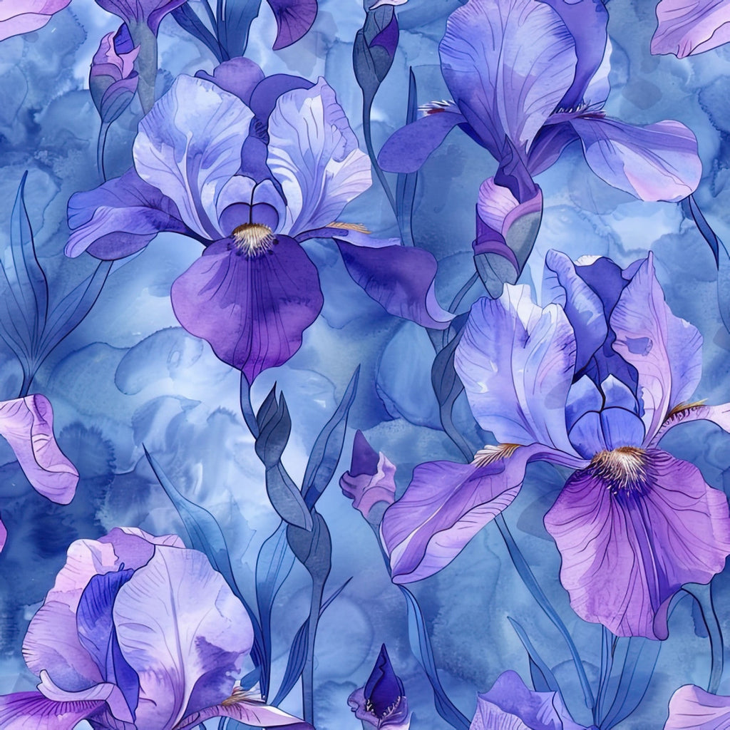 purple, lavender, blue, periwinkle, iris flowers, floral pattern, botanical design, watercolor style, soft pastels,, fabric panel, garden blooms, spring flowers, delicate petals, flowing stems, artistic rendering, nature motif, feminine design, crafting material, sewing fabric