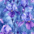 purple, lavender, blue, periwinkle, iris flowers, floral pattern, botanical design, watercolor style, soft pastels,, fabric panel, garden blooms, spring flowers, delicate petals, flowing stems, artistic rendering, nature motif, feminine design, crafting material, sewing fabric