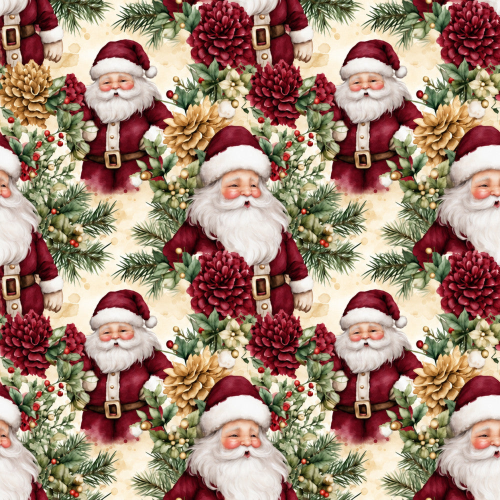 burgundy, cream, gold, white, red, green, santa claus, christmas, holiday, festive, floral, dahlias, peonies, evergreen, pine branches, berries, traditional, vintage, whimsical, elegant, seasonal, winter, decorative, jolly, classic christmas, red and gold, christmas florals, holiday decor, seasonal celebration