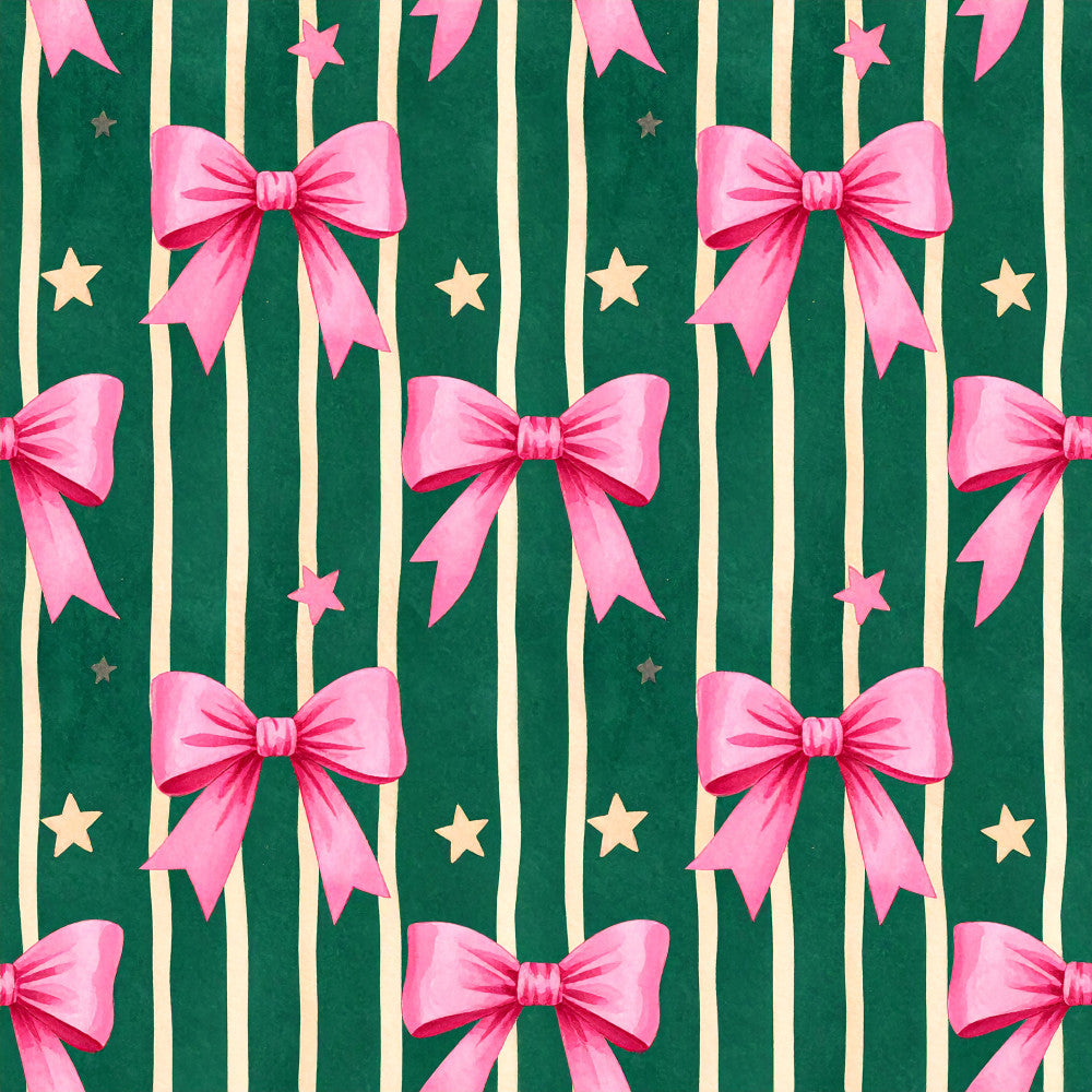 forest green, hot pink, cream, pale yellow, striped, celestial, stars, bows, ribbons, holiday, christmas, festive, whimsical, elegant, modern, playroom, kids room, nursery, baby shower, gift fabric, decorative, feminine, sparkly, shiny, vertical stripes, bow motifs, star accents, seasonal, party themed, girly