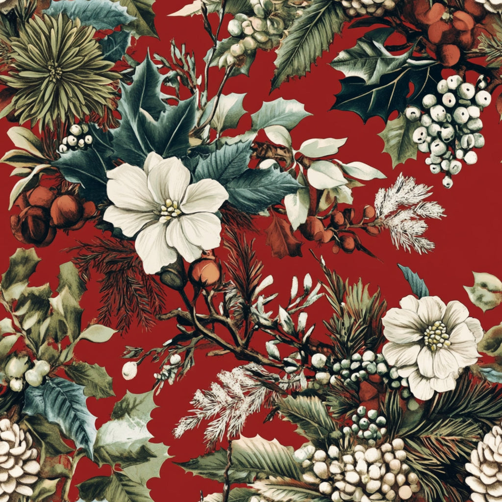 burgundy red, deep red, cream white, forest green, sage green, brown, pinecones, winter florals, white flowers, berries, evergreen branches, holly leaves, botanical pattern, christmas motif, holiday design, winter elements,, fabric panel, seasonal florals, festive pattern