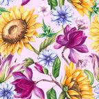 watercolor flowers, sunflowers, magnolia blooms, purple flowers, blue cornflowers, pink blossoms, yellow petals, green leaves, floral pattern, botanical design, mixed florals,, fabric panel, spring flowers, garden blooms, pastel background, delicate watercolor, repeating pattern, nature motifs, colorful florals