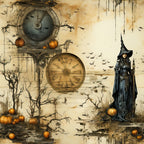 beige, amber, golden, sepia, witch, pumpkins, clock, ravens, bare branches, gothic, vintage, weathered,, fabric panel, halloween, autumn, mystical, distressed, thorny vines, magical
