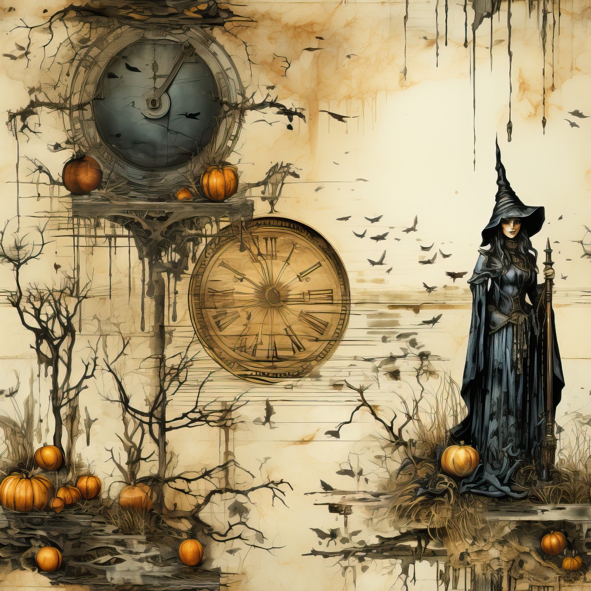 beige, amber, golden, sepia, witch, pumpkins, clock, ravens, bare branches, gothic, vintage, weathered,, fabric panel, halloween, autumn, mystical, distressed, thorny vines, magical