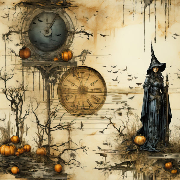 beige, amber, golden, sepia, witch, pumpkins, clock, ravens, bare branches, gothic, vintage, weathered,, fabric panel, halloween, autumn, mystical, distressed, thorny vines, magical