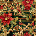 red flowers, green background, gold accents, christmas berries, poinsettias, holly leaves, ornate scrollwork, festive florals, holiday botanicals,, fabric panel, seasonal pattern, burgundy blooms, emerald green, metallic gold, winter florals, decorative swirls, christmas motifs, botanical design, holiday fabric