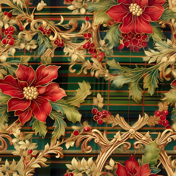 red flowers, green background, gold accents, christmas berries, poinsettias, holly leaves, ornate scrollwork, festive florals, holiday botanicals,, fabric panel, seasonal pattern, burgundy blooms, emerald green, metallic gold, winter florals, decorative swirls, christmas motifs, botanical design, holiday fabric
