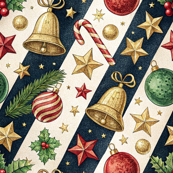 christmas ornaments, holiday pattern, red ornaments, gold bells, green baubles, candy canes, holly leaves, stars, diagonal stripes, navy blue background, cream stripes, festive design,, fabric panel, seasonal motif, winter holidays, decorative elements, evergreen branches, metallic accents, christmas theme