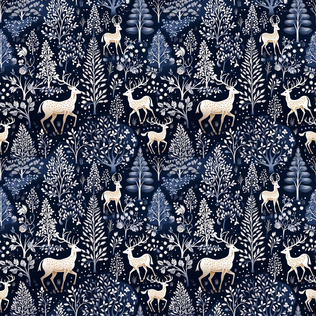 navy blue, delft blue, cream, white, deer, stags, antlers, winter forest, botanical motifs, trees, ferns, snowflakes, folk art, scandinavian style, repeating pattern,, fabric panel, woodland creatures, nature design, winter theme, floral elements