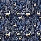 navy blue, delft blue, cream, white, deer, stags, antlers, winter forest, botanical motifs, trees, ferns, snowflakes, folk art, scandinavian style, repeating pattern,, fabric panel, woodland creatures, nature design, winter theme, floral elements